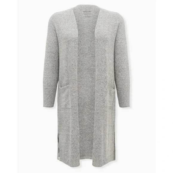 torrid Super Soft Plush Duster Open Front Heather Grey Front Pocket Plus 5X - Picture 5 of 13